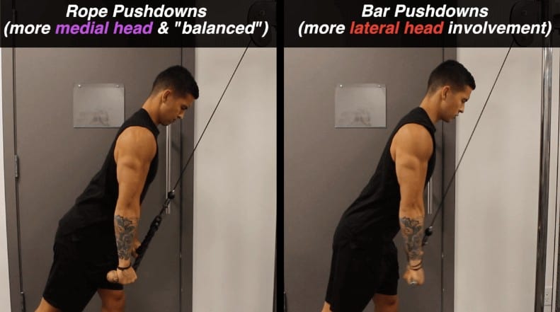 cable tricep pushdowns/extensions vs rope pushdowns/extensions